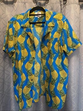 Pineapple Print Short-Sleeve Button-Down Shirt - Blue